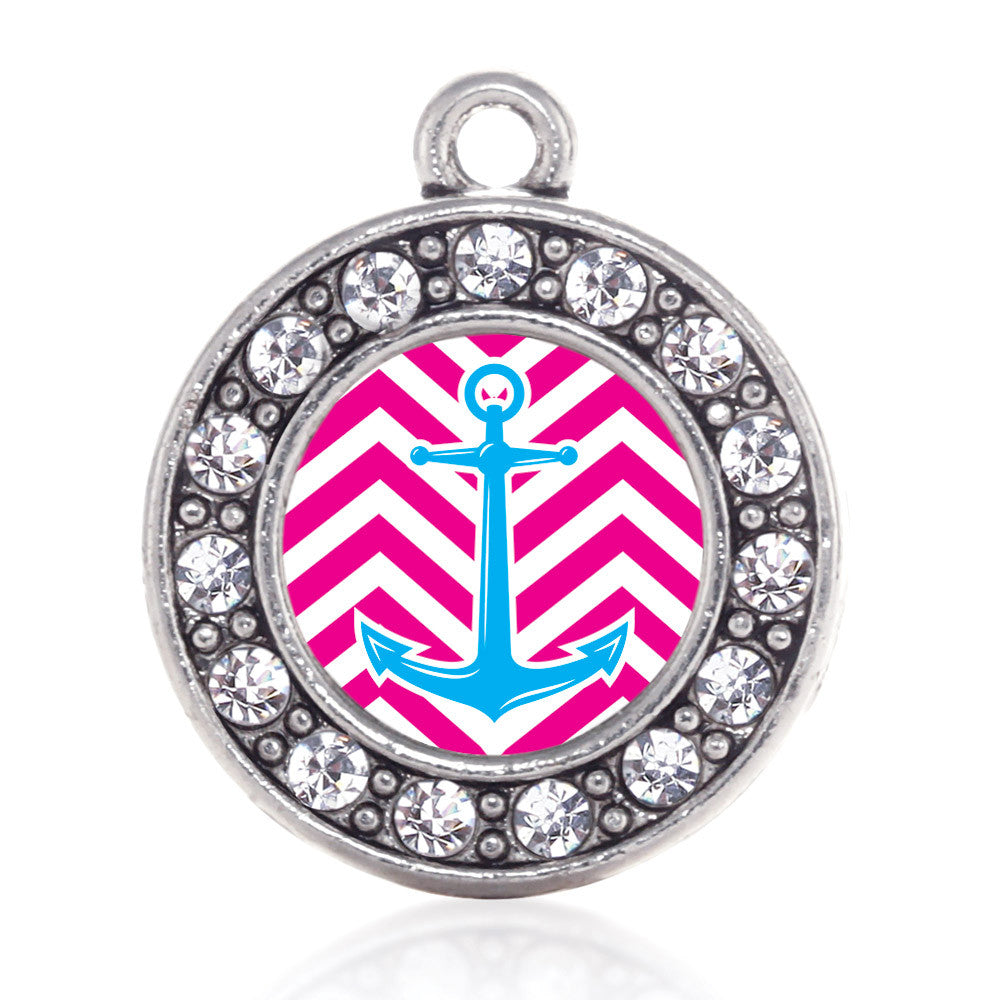 Pink Chevron Blue Anchor  Circle Charm