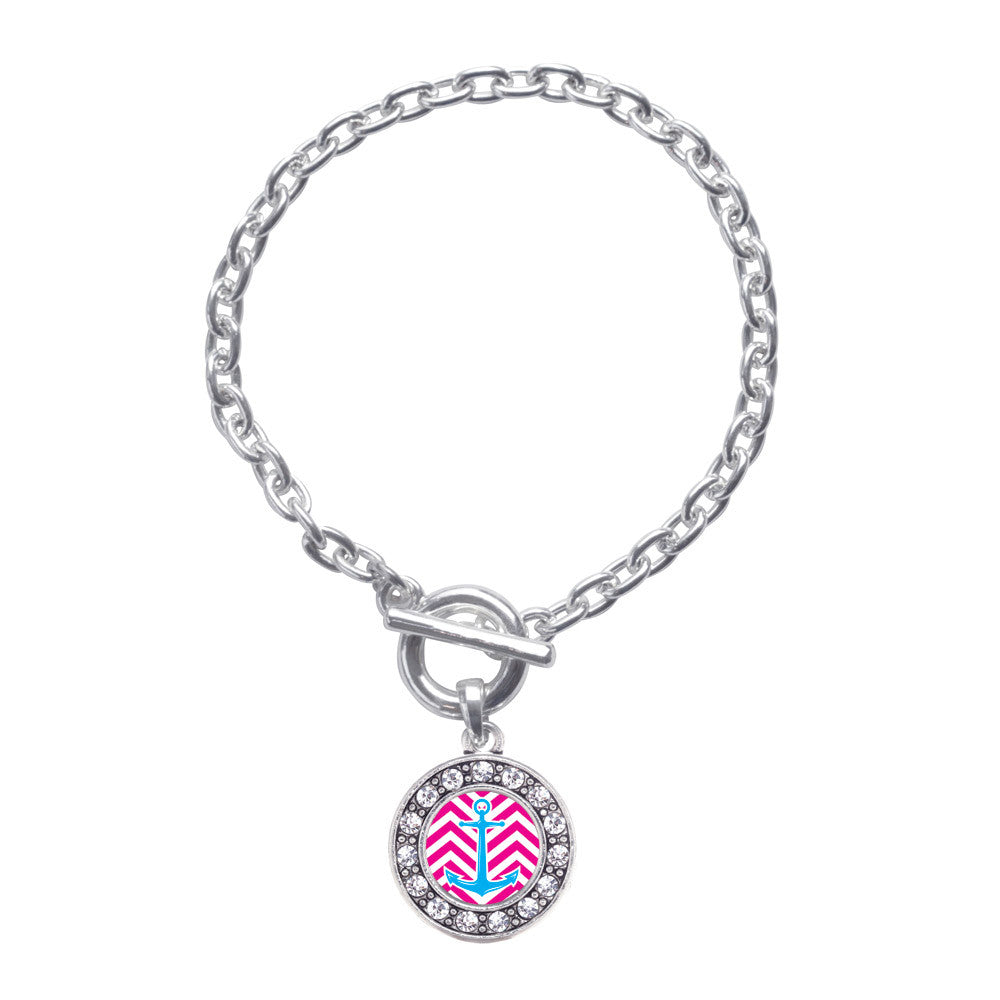 Pink Chevron Blue Anchor  Circle Charm