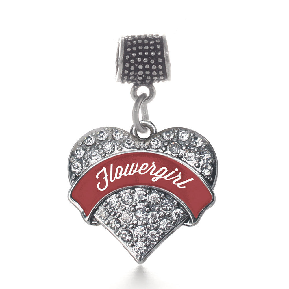 Crimson Red Flower Girl Pave Heart Charm