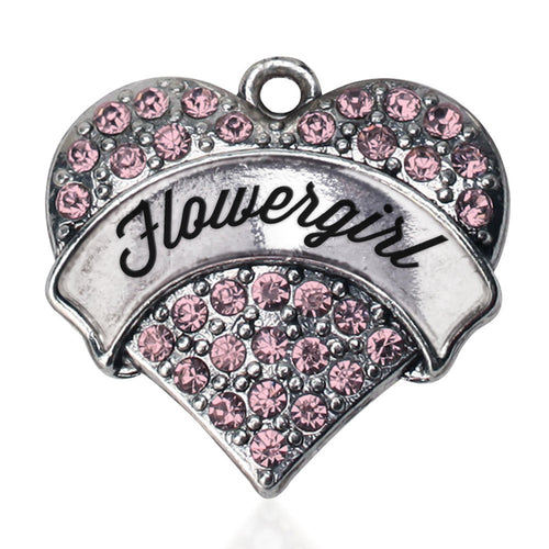 Script Pink Flower Girl  Pave Heart Charm